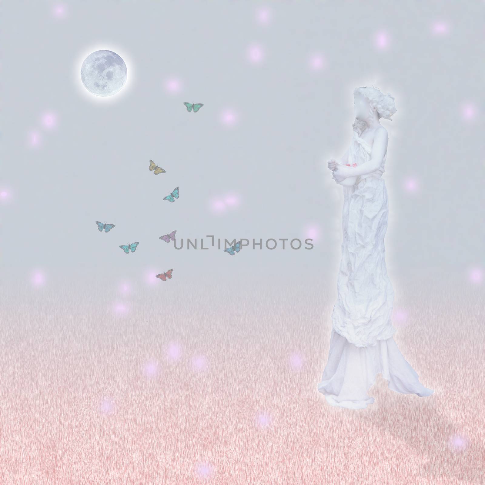 Woman`s marble statue and butterflies. Glowing moon.