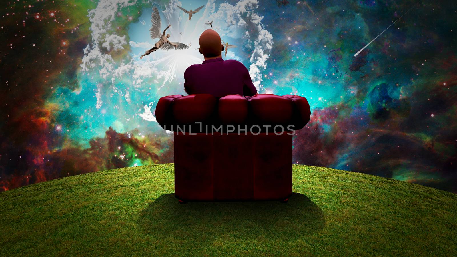 Surreal composition. Man sits in red armchair and observes angels  in vivid sky. 3D rendering