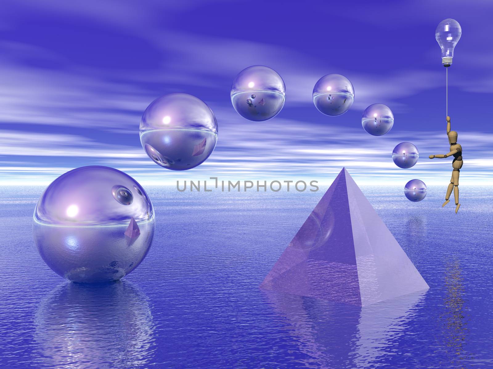 3d render. Pyramid and spheres over the water. Mannequin flies with light bulb.