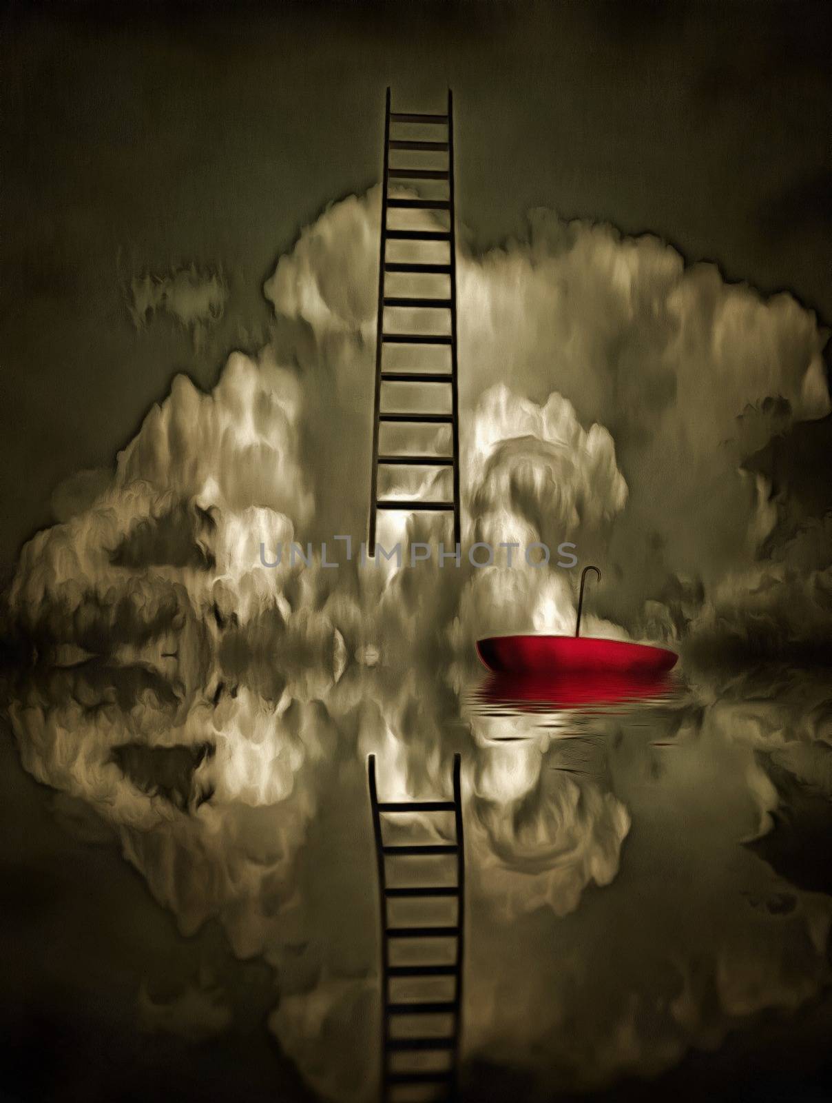 Surreal painting. Red umbrella floats in the water. Ladder.