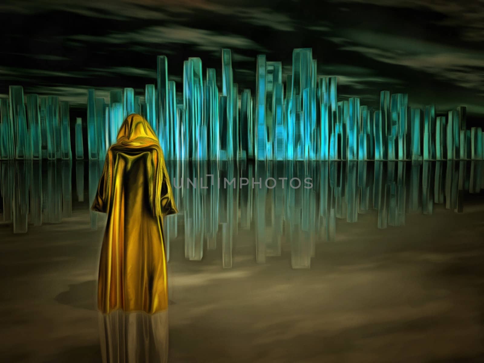 Surreal painting. Figure in cloak stands before futuristic city.