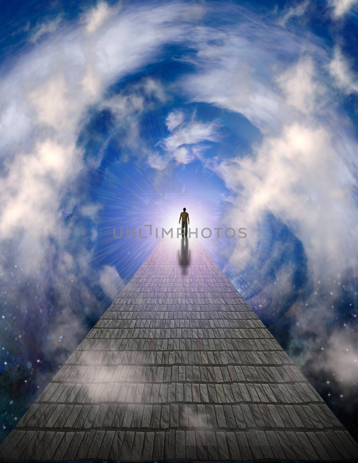 Man walks on a stone road to bright light. 3D rendering