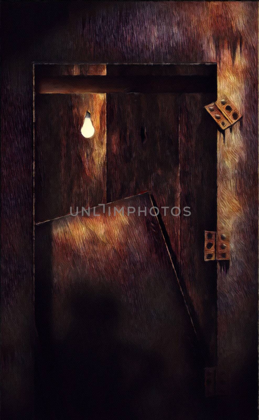 Surreal painting. Broken door, light bulb.