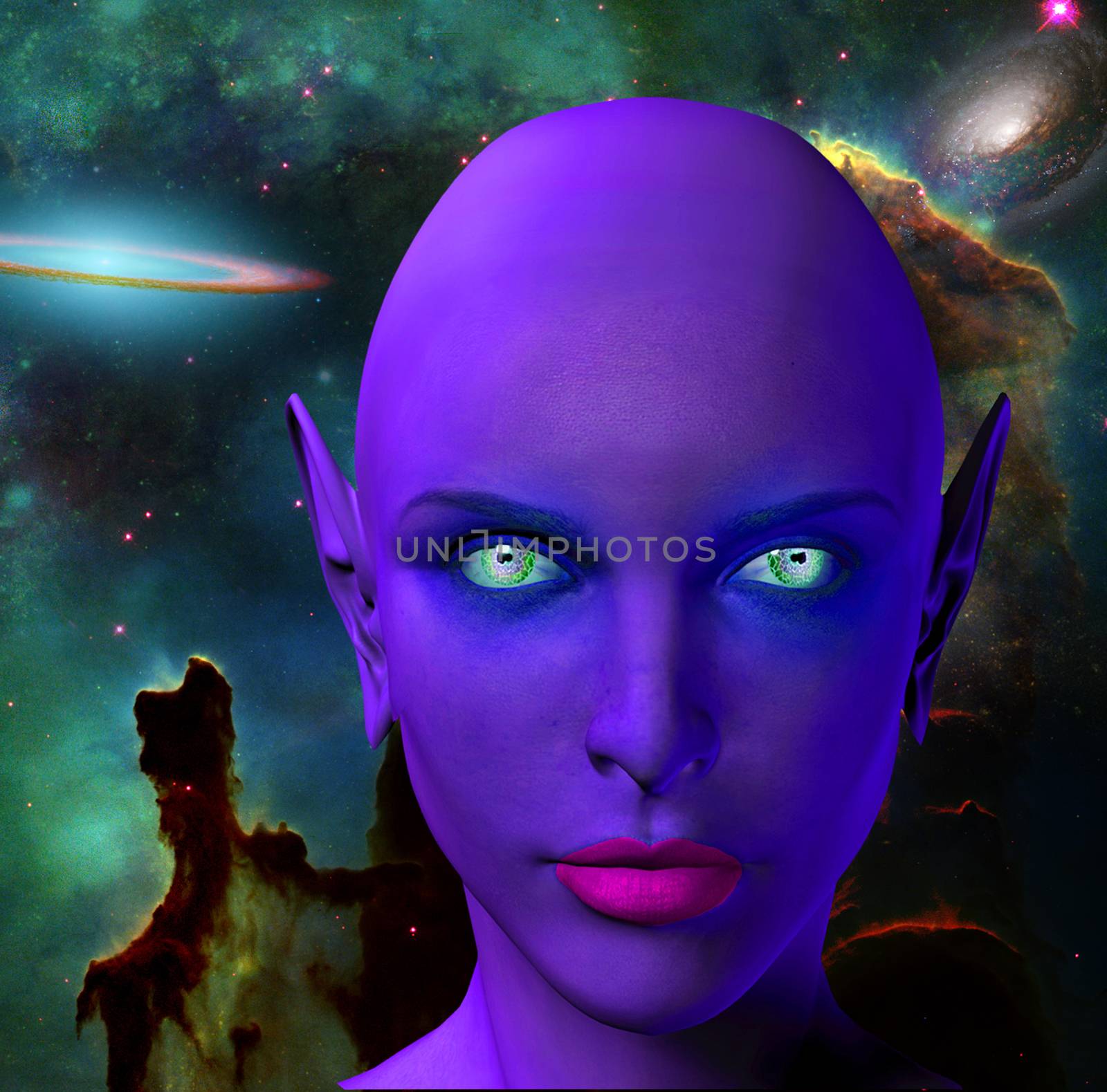 The face of female alien. Colorful universe on a background.