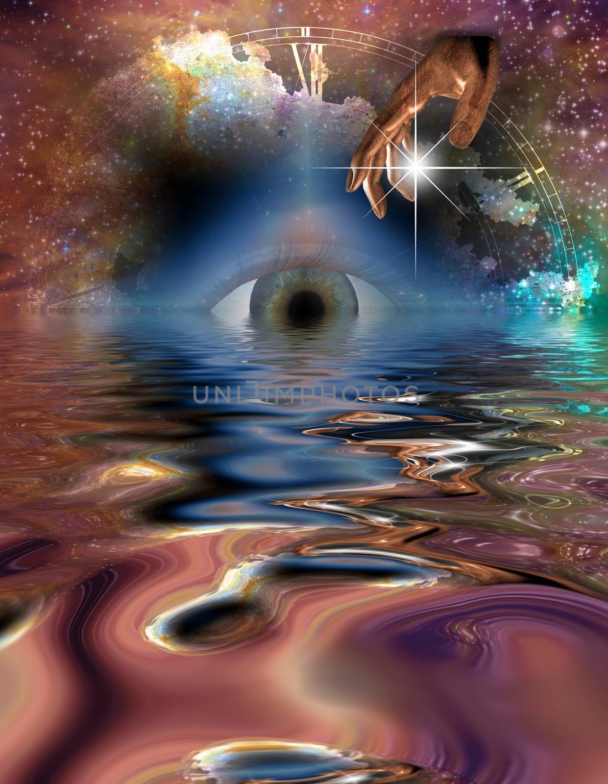 Surreal digital art. Eye and hand of God reflected in water surface.