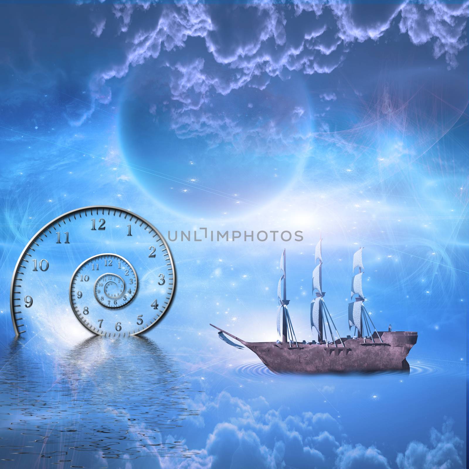 Ship sails time space scene