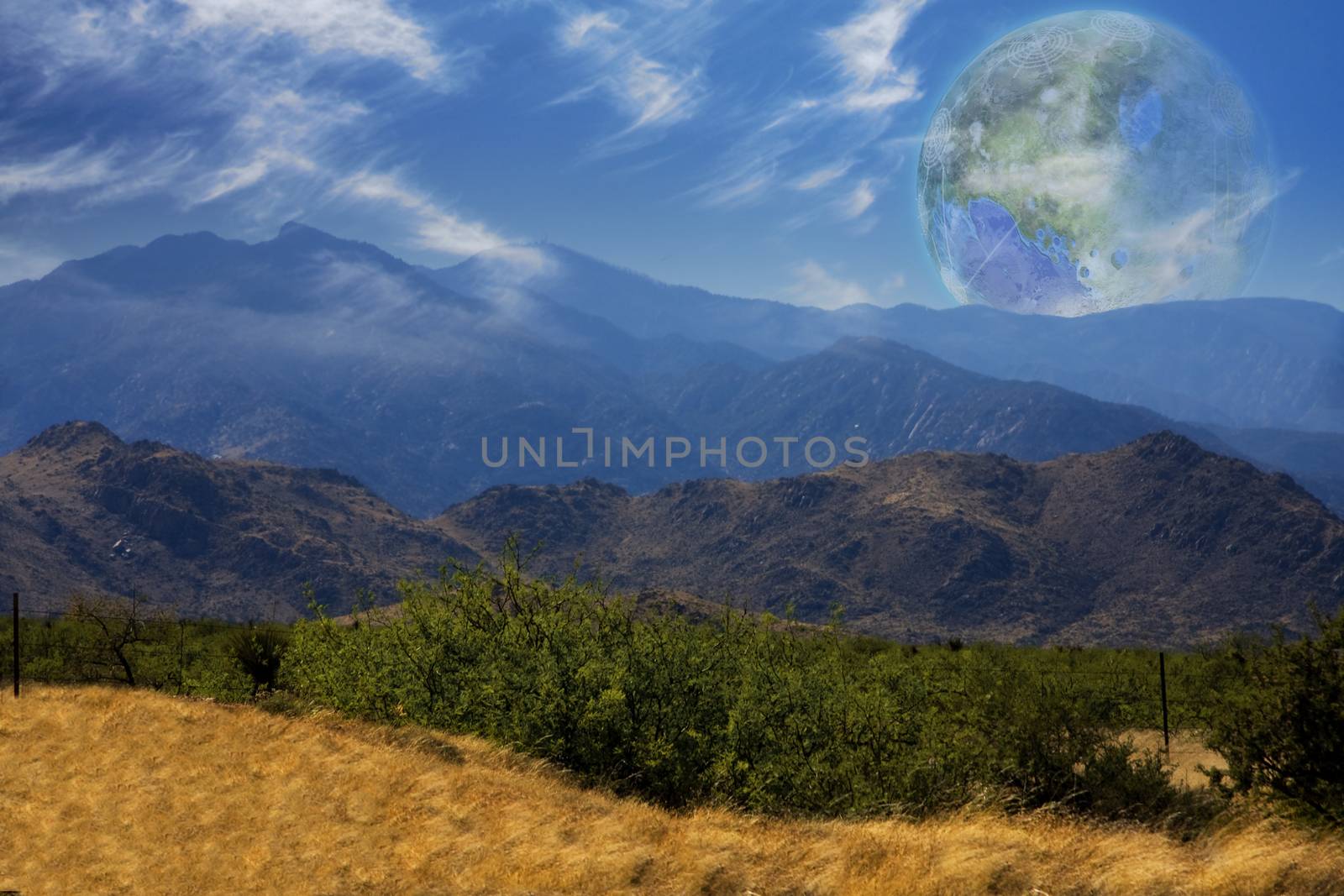 Mountain Vista. Terraformed moon seen from the Earth. 3D rendering