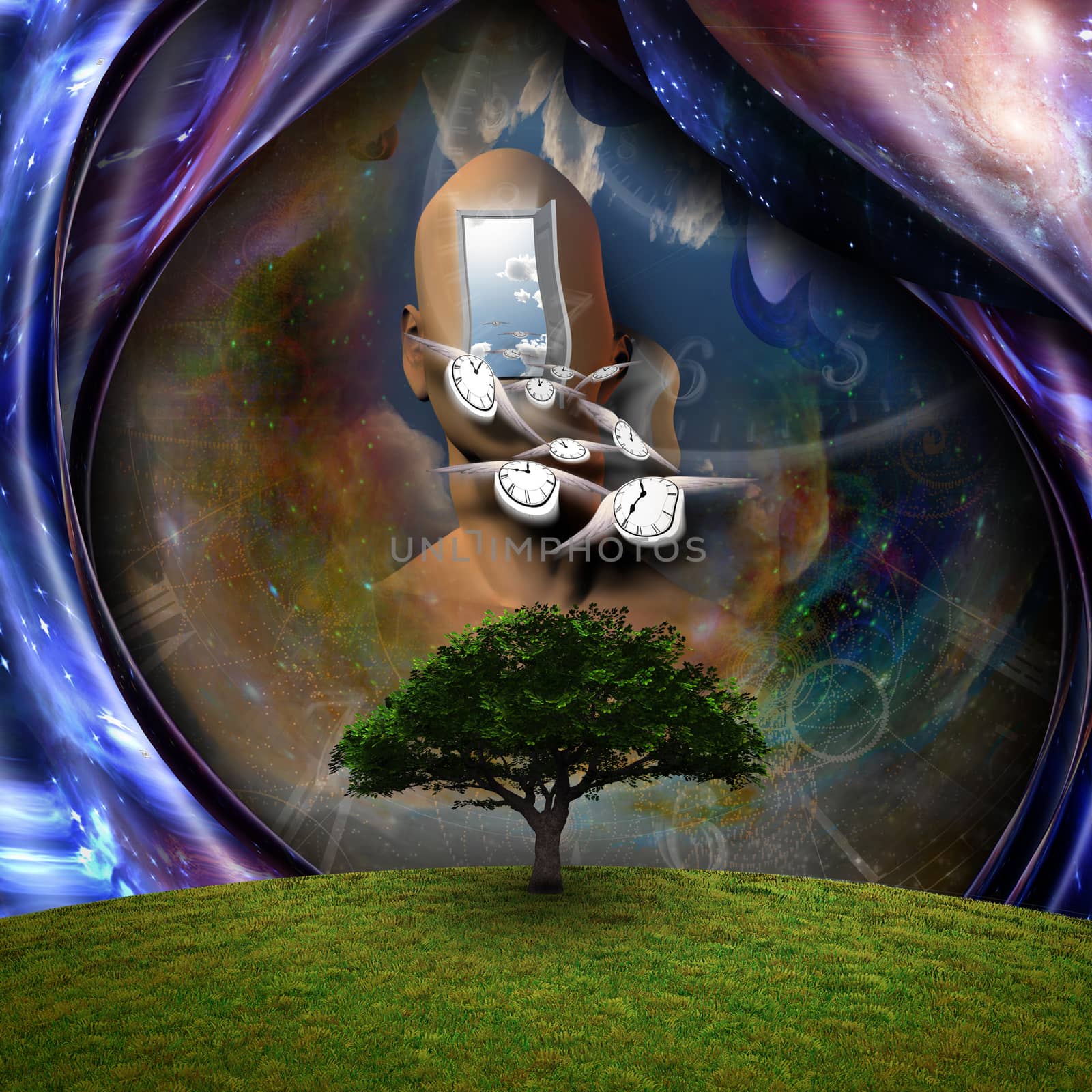 Surrealism. Flow of Time through space. 3D rendering.