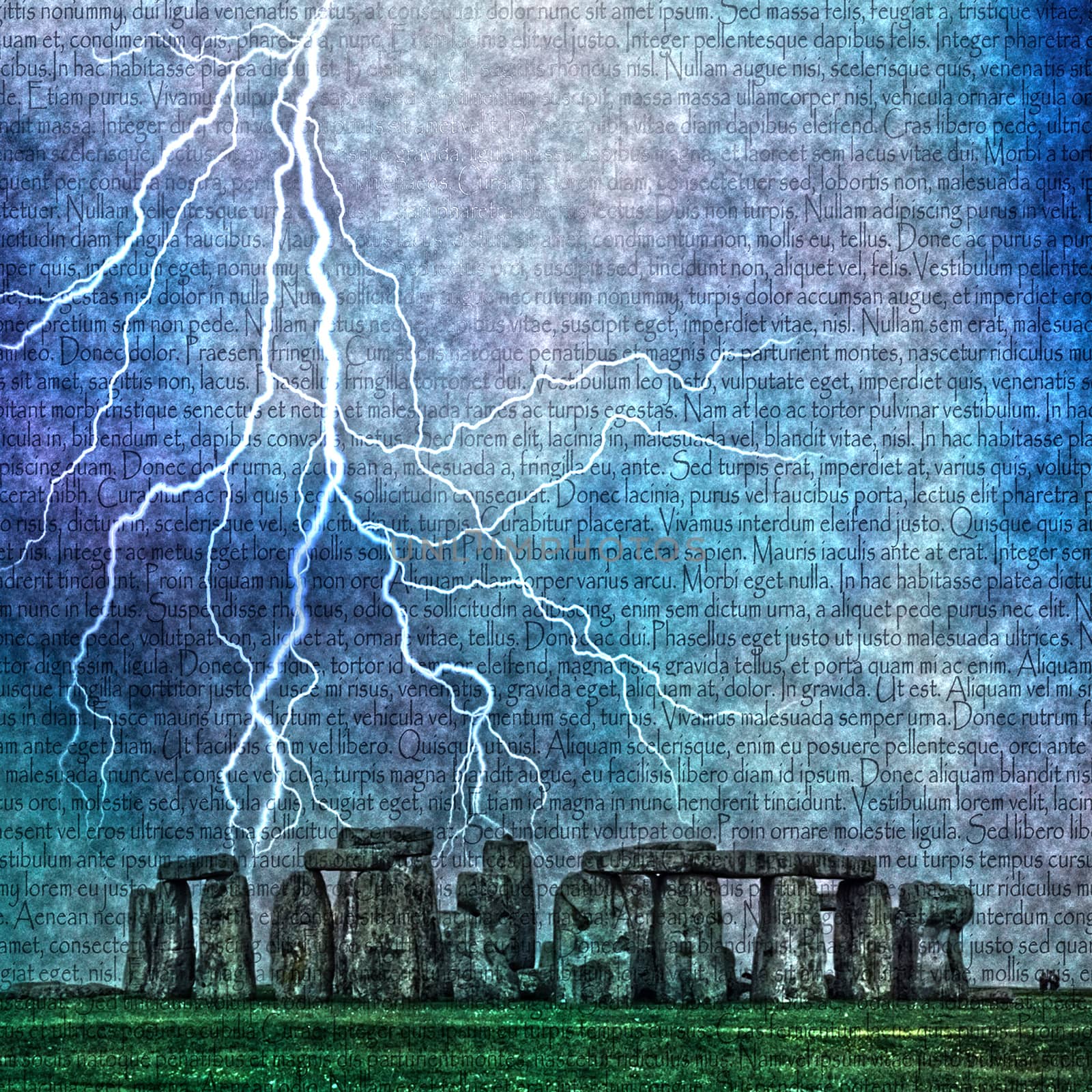 Stonehenge. Lightning and latin text