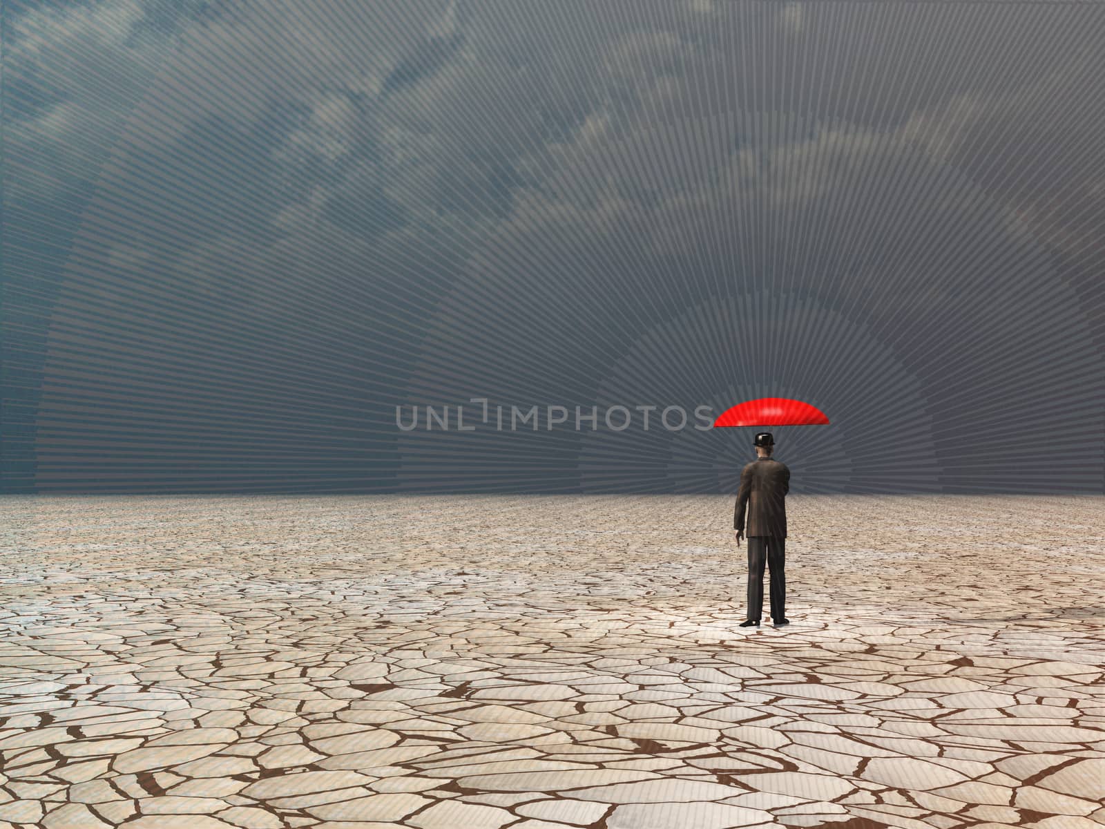 Surreal digital art. Man with red umbrella in dry land under gathering storm.