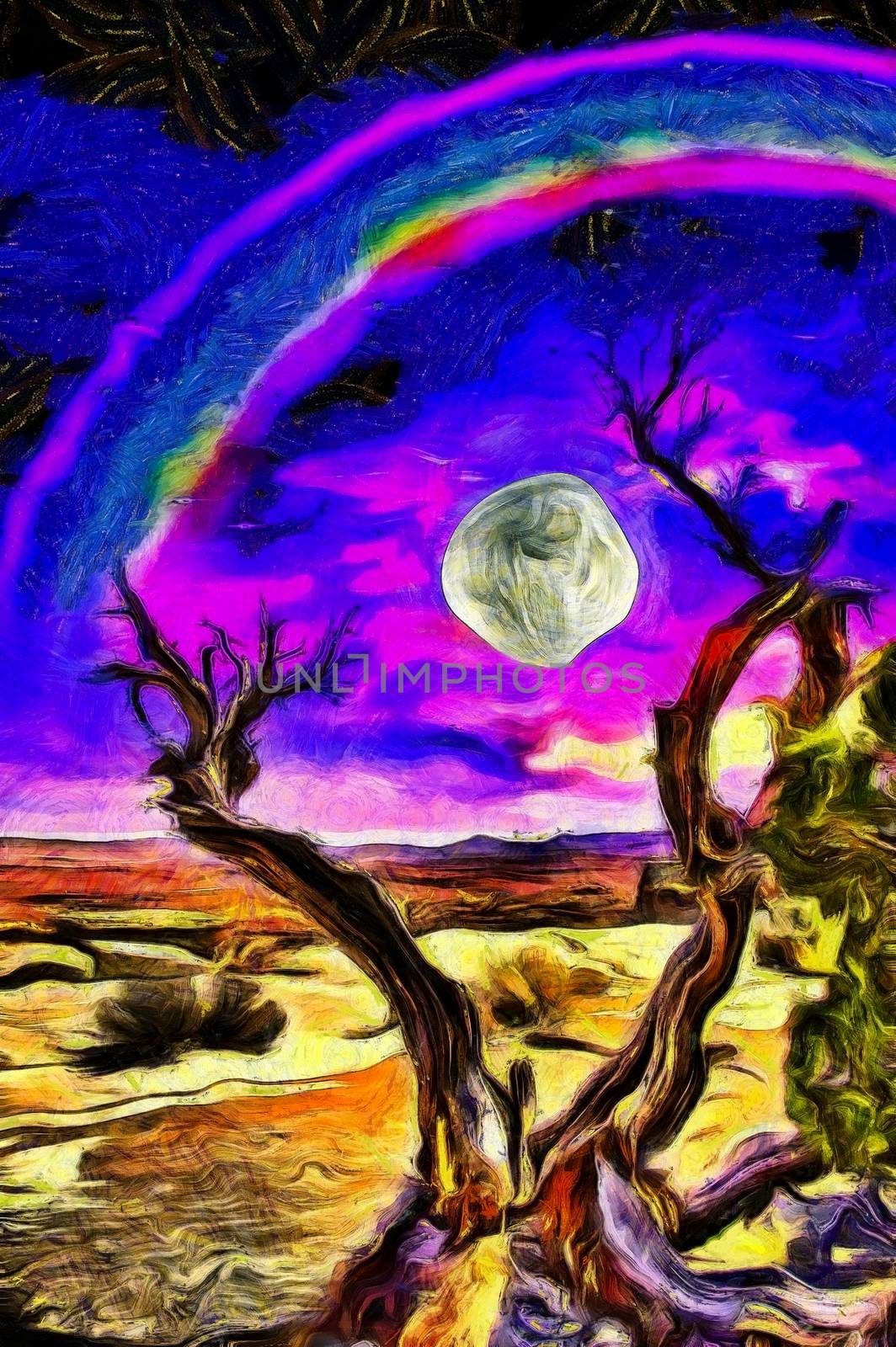 Surreal painting. Old tree stands on a rocky ground. Full moon and rainbow in purple-blue clouds.