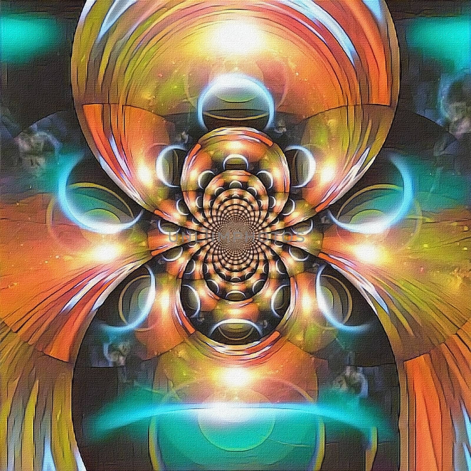 Abstract painting. Mirrored round fractal with a picture of eclipse.