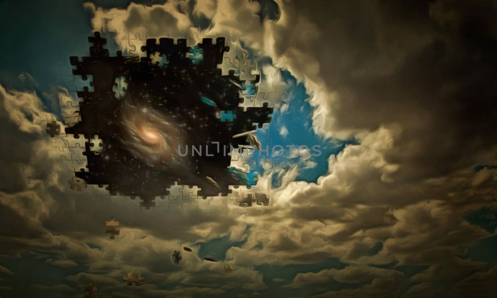 Surreal digital art. Clouds are falling apart on a pieces of puzzle. Galaxy in starry space.