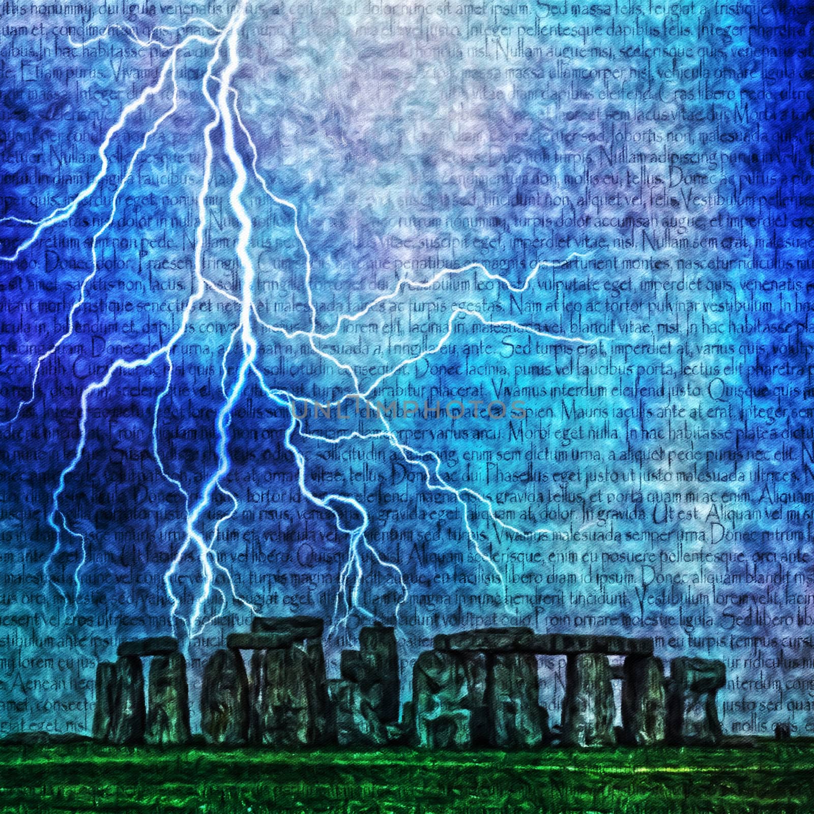 Stonehenge. Lightning and latin text
