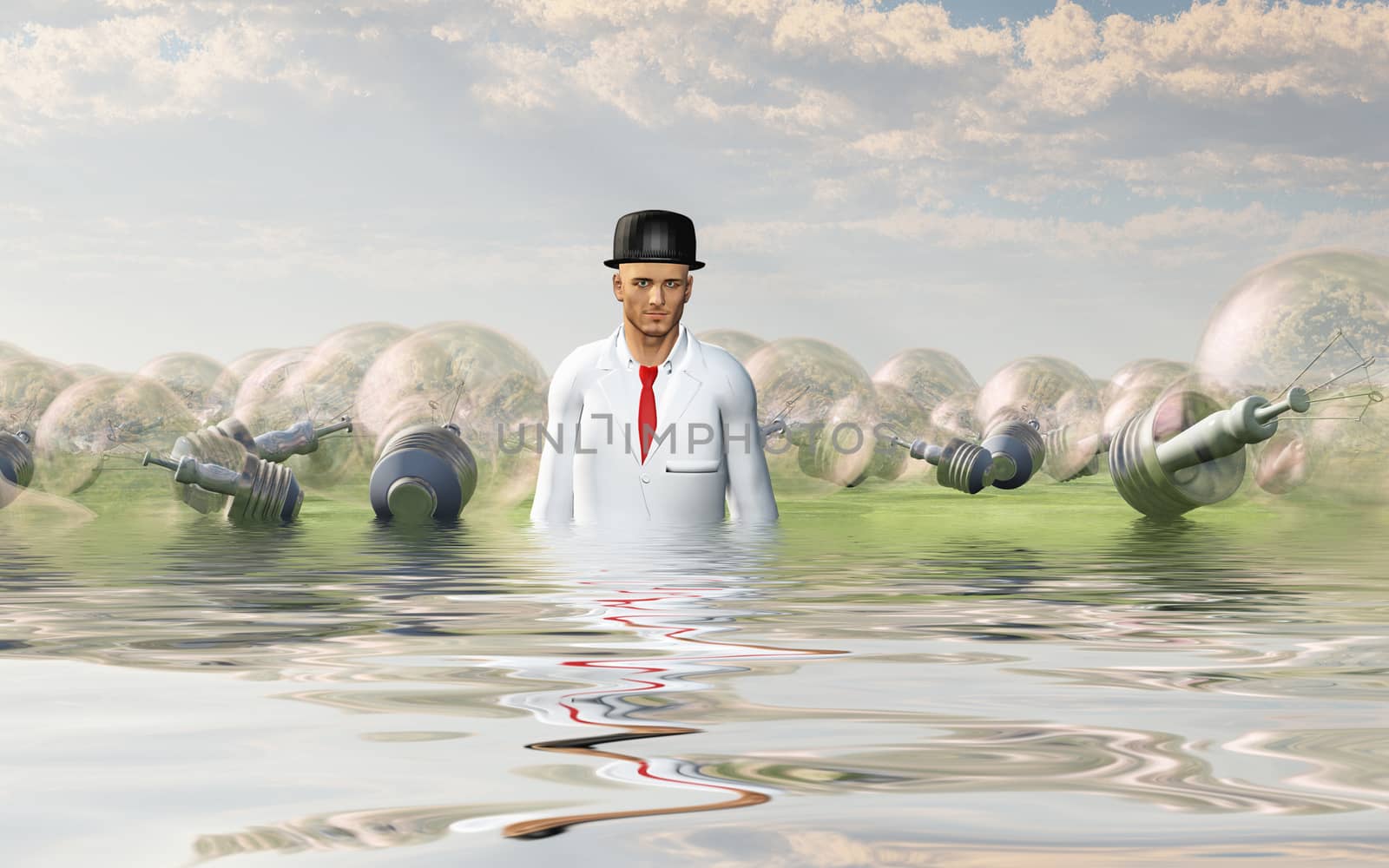 Man with large ideas surrounding him in the form of classic lightbulbs in flooded landscape