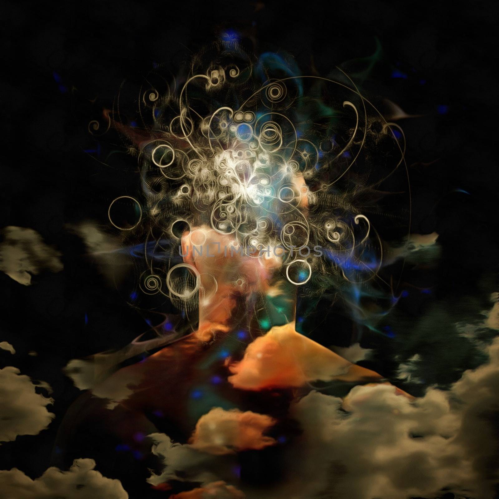 Surreal digital art. Man's head in clouds. Bright swirls of light.