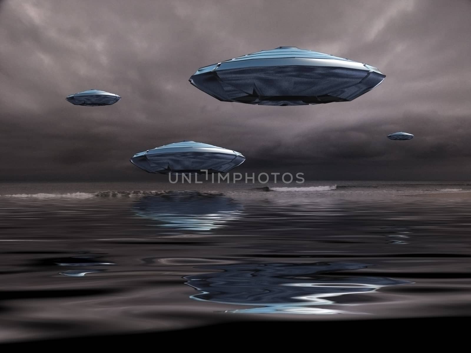 Flying saucers over the ocean. 3D rendering