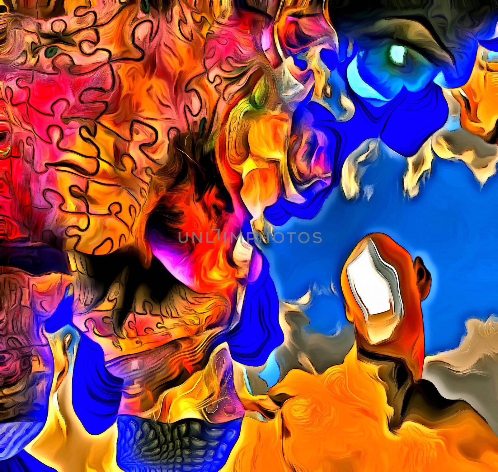 Surreal painting. Man with open door instead of face. Melting dimensions and puzzle pattern. Eye of God.