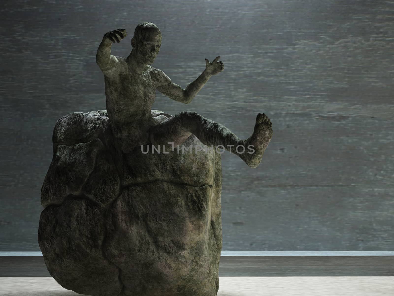 3d render. Figure of man comes out from stone.