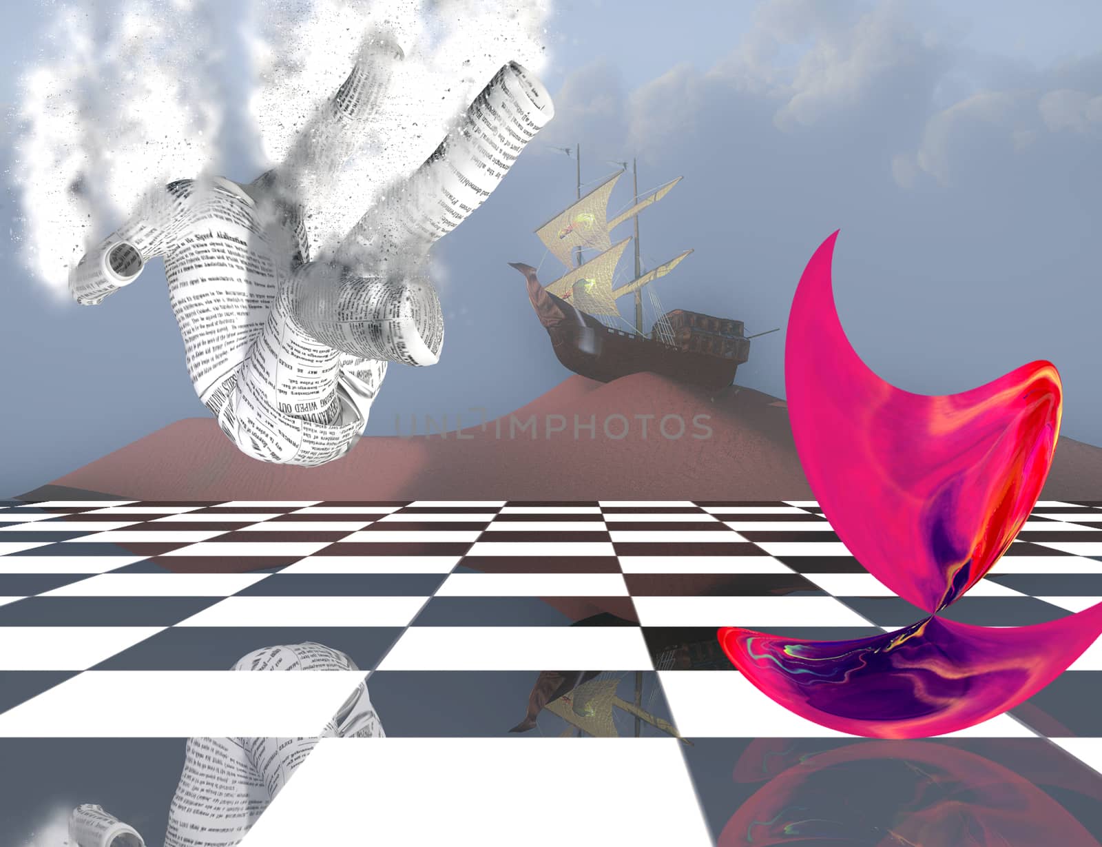 Surreal composition. Pink matter on chessboard, ancient ship on sand dune and falling paper man