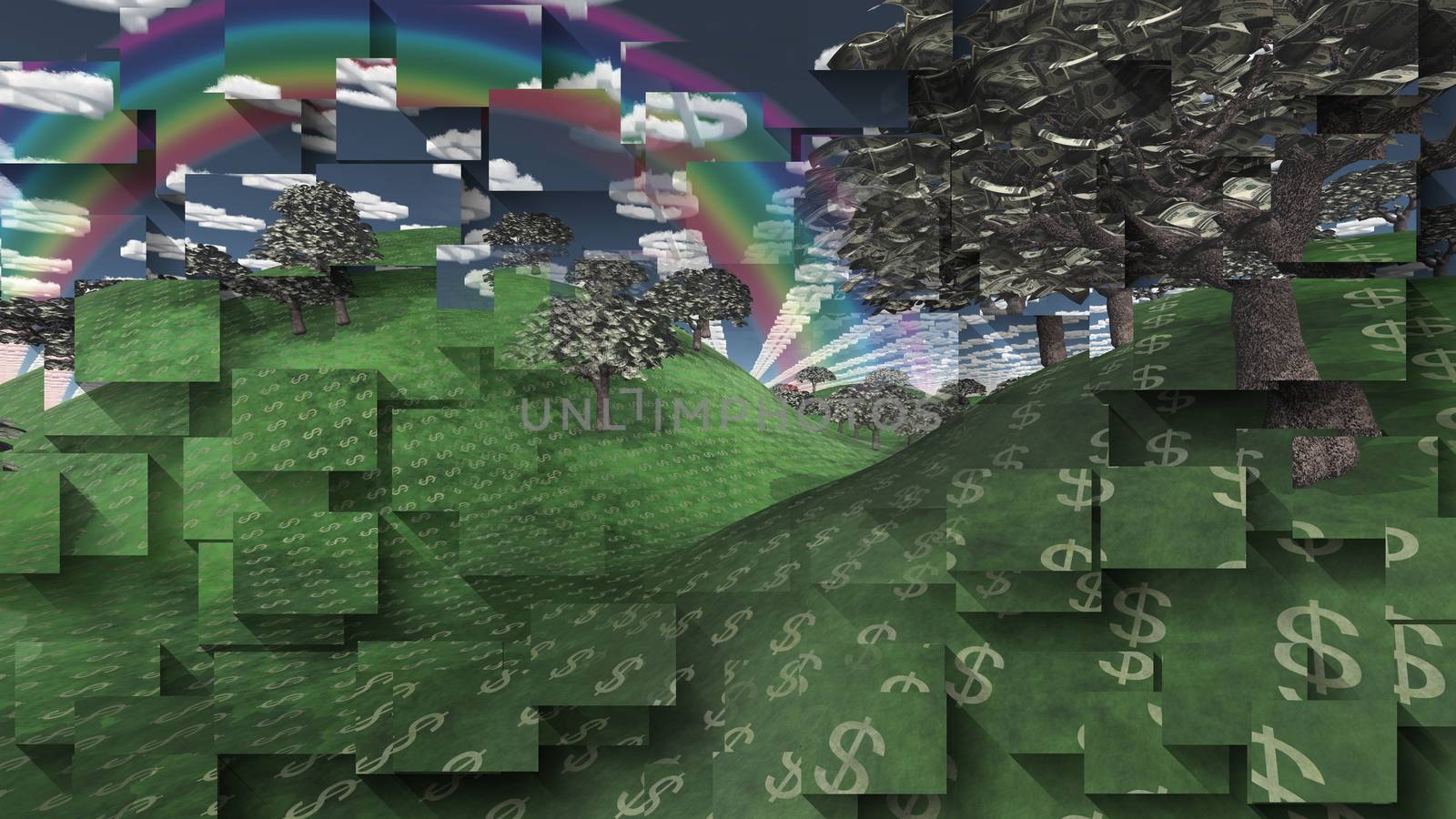 Surreal digital art. Landscape with currency elements. Trees with dollars banknotes instead of leaves. Clouds in shape of dollars sign. Rainbow in the sky.