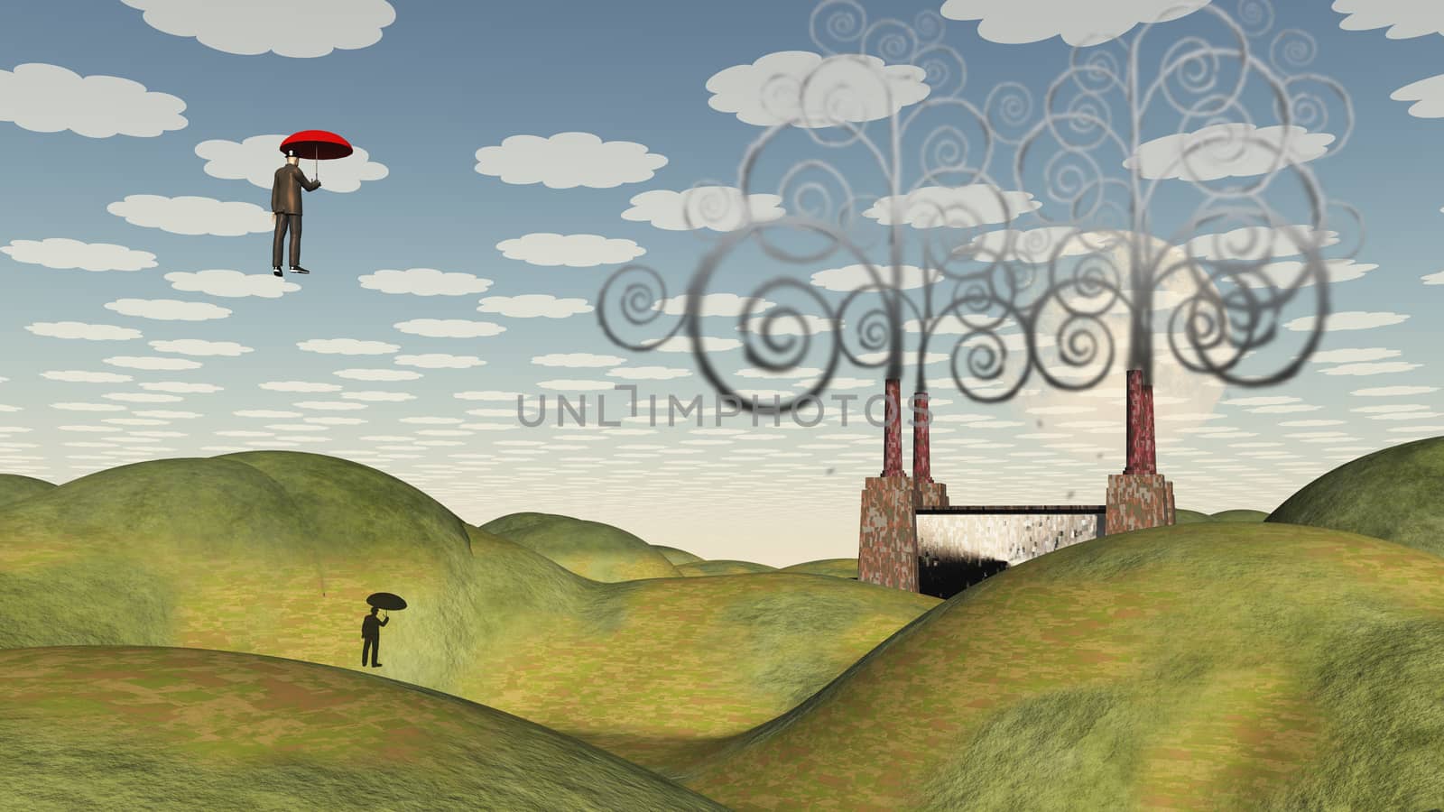 Fantastic landscape with man floating in sky under umbrella