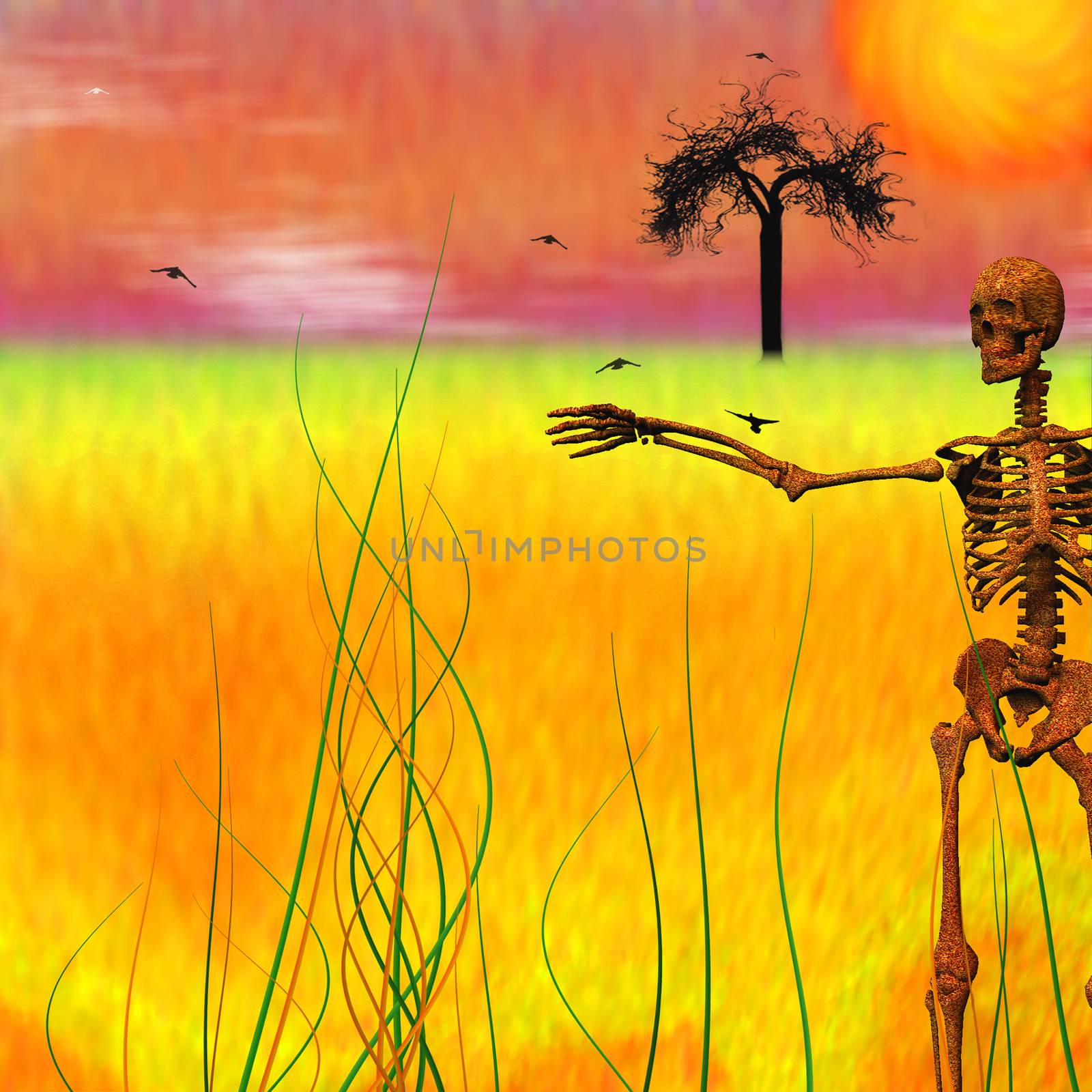 Surreal composition. Rusted skeleton, leafless tree