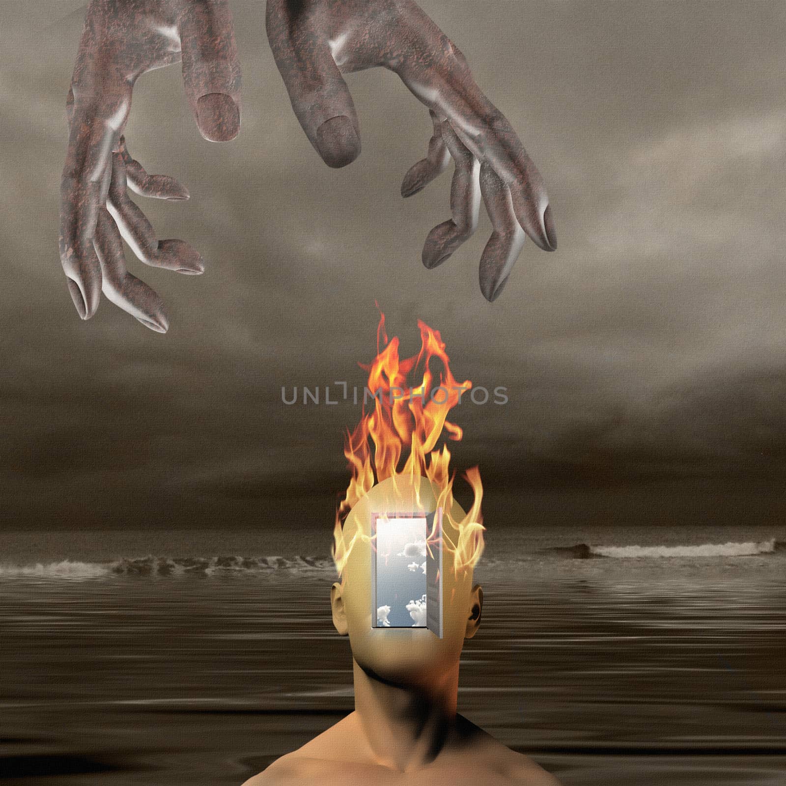 Burning human head with dark sea background