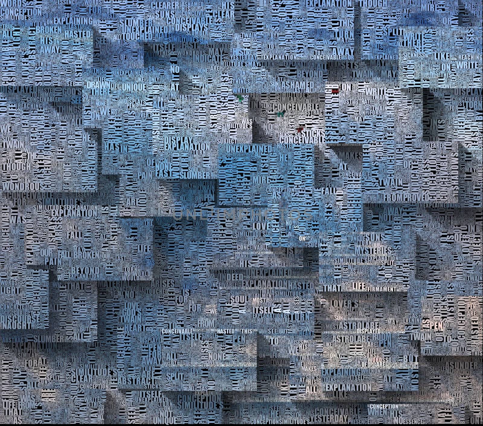 Abstract blocks in blue colors with words and butterflies.