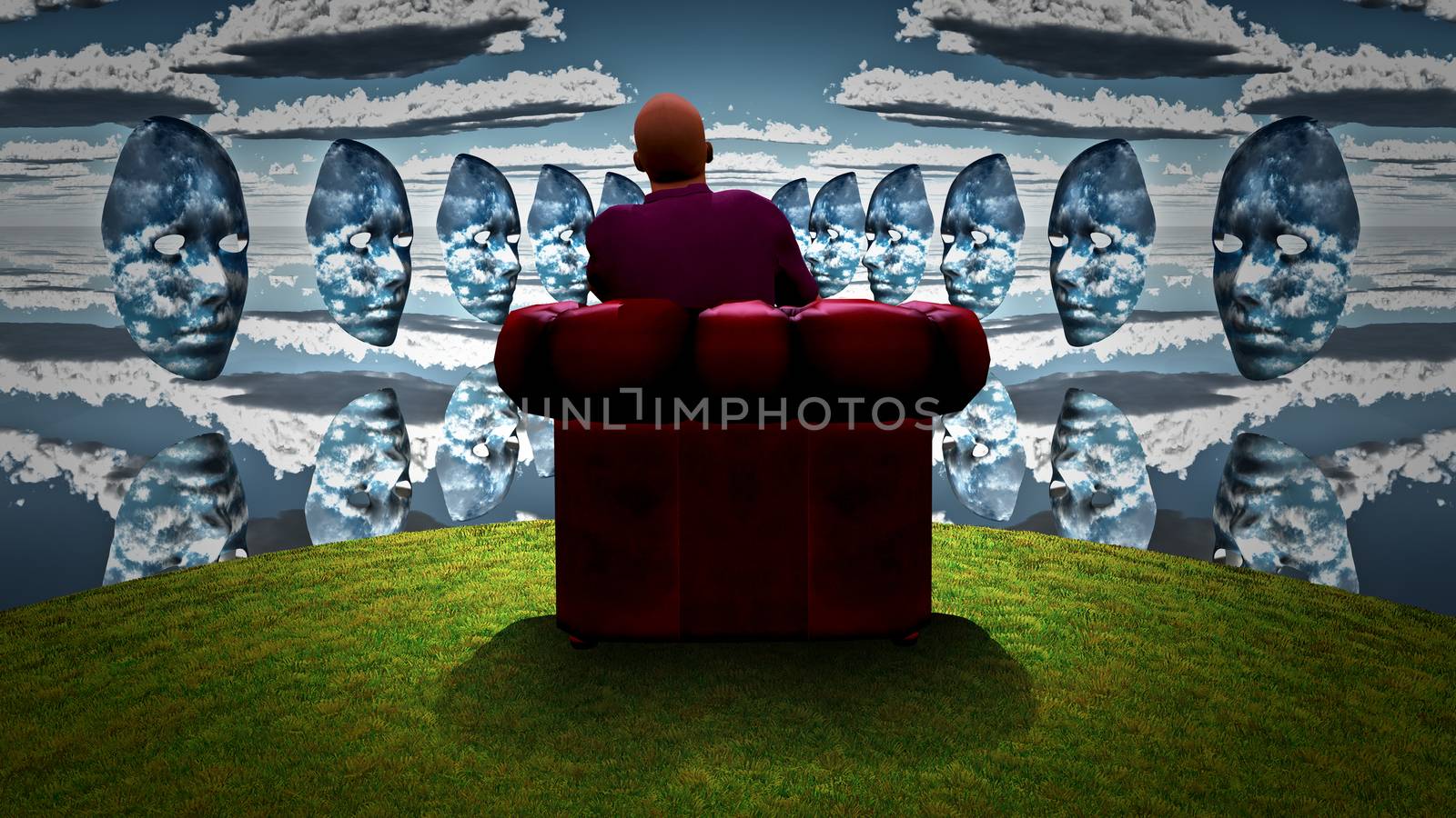 Surreal composition. Man sits in red armchair and observes women`s masks with clouds pattern.