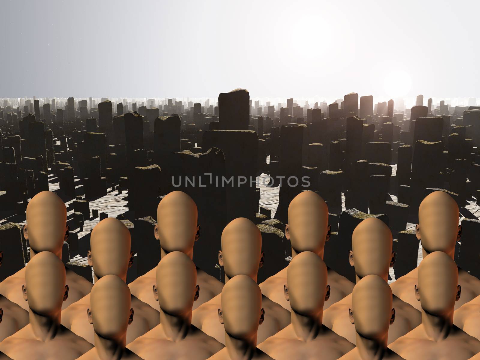 Faceless men crowd before ruins