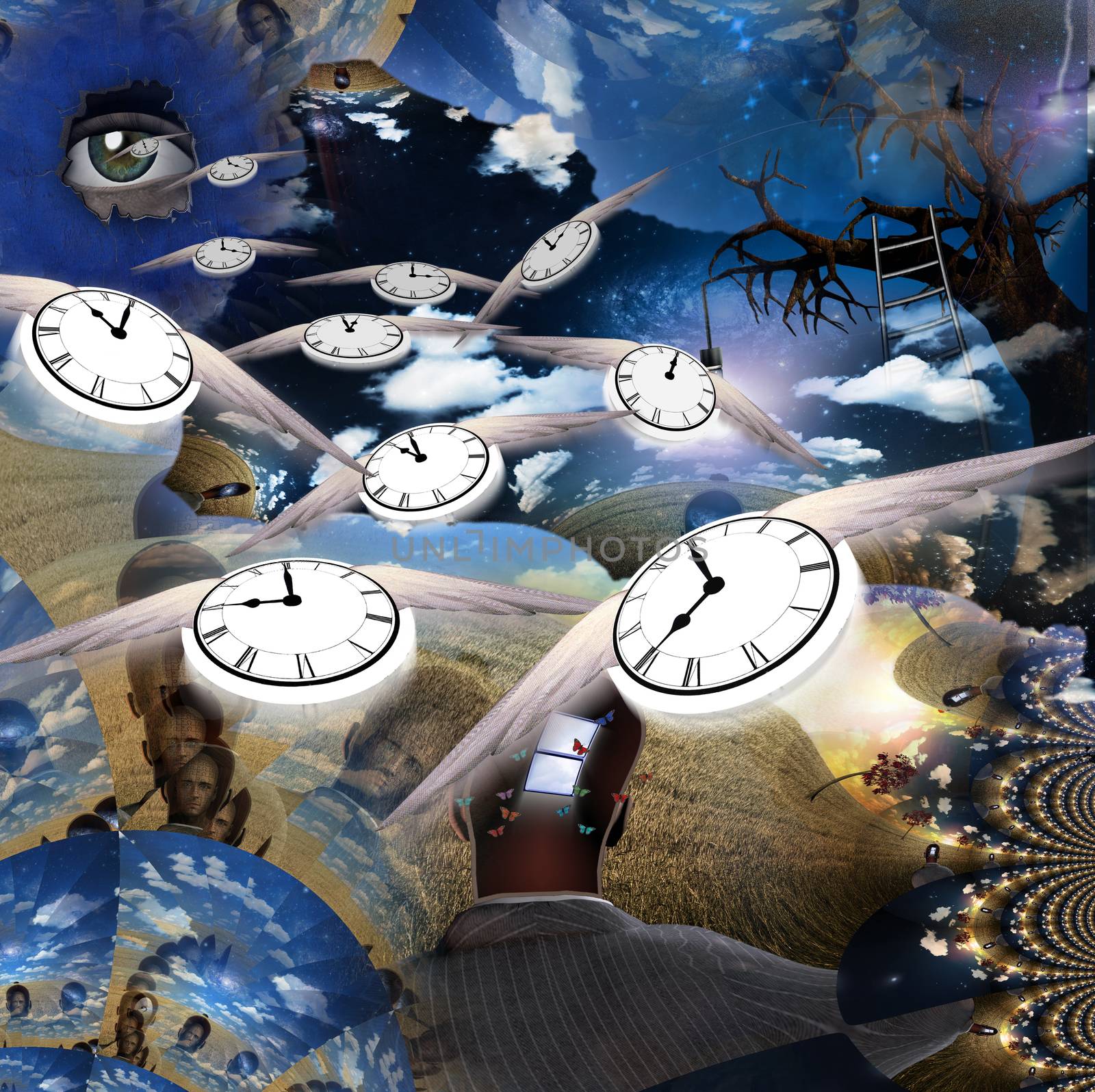 Dreamlike Illustration. Winged clocks represents flow of time