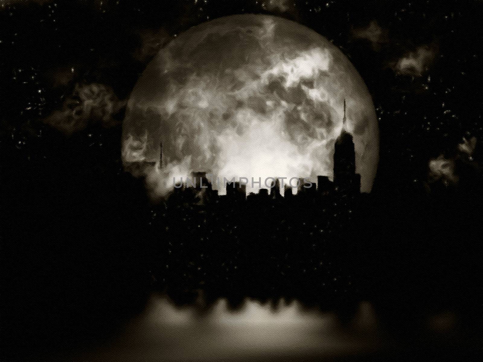 Full moon night city by applesstock