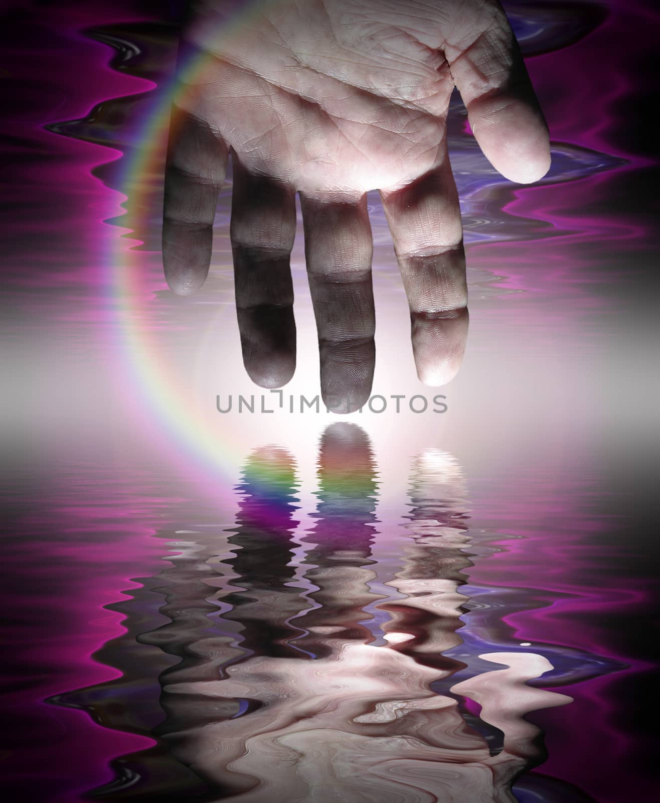 Human palm reflected in water
