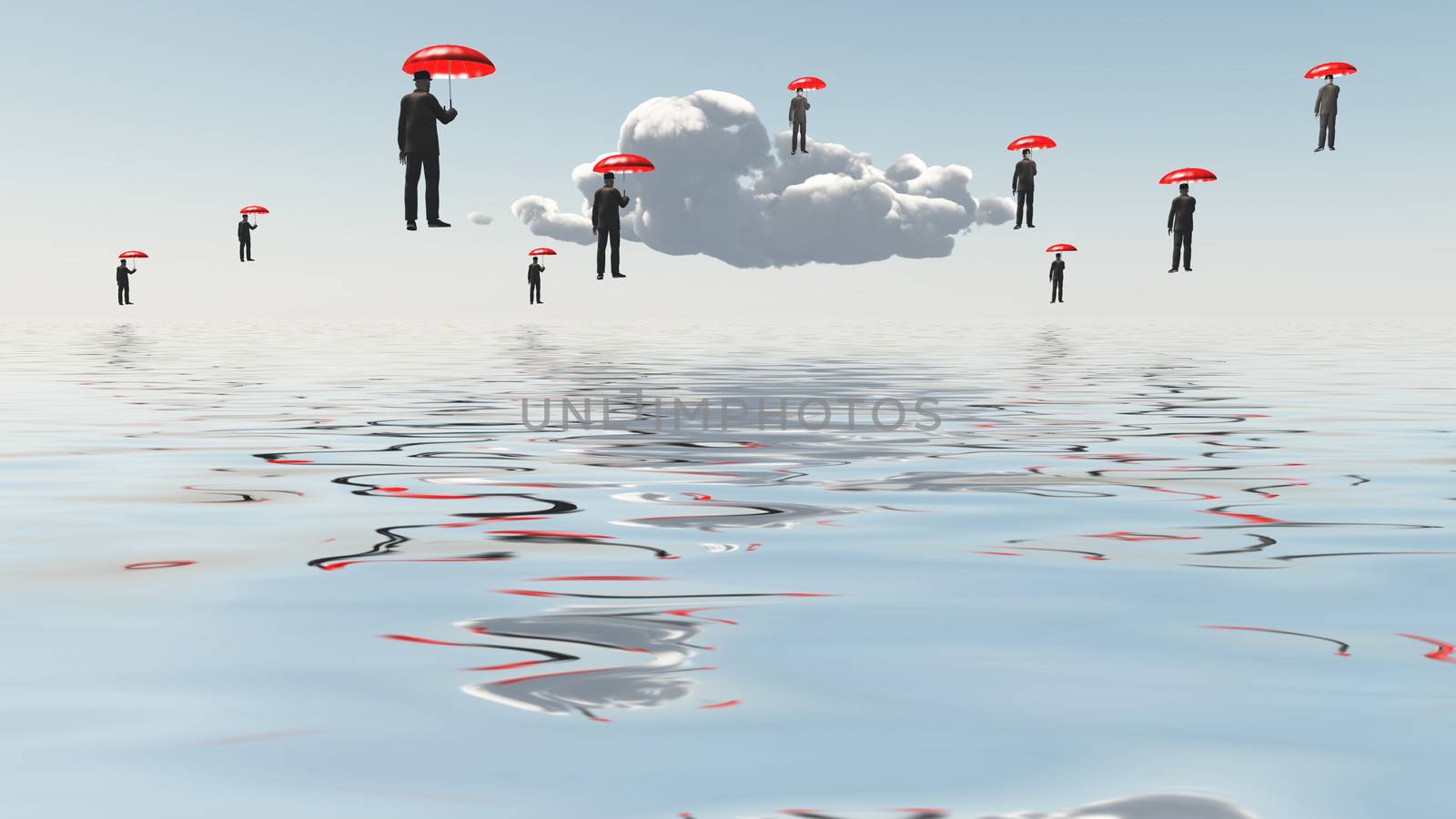 Surreal composition. Floating Men with Umbrellas above water