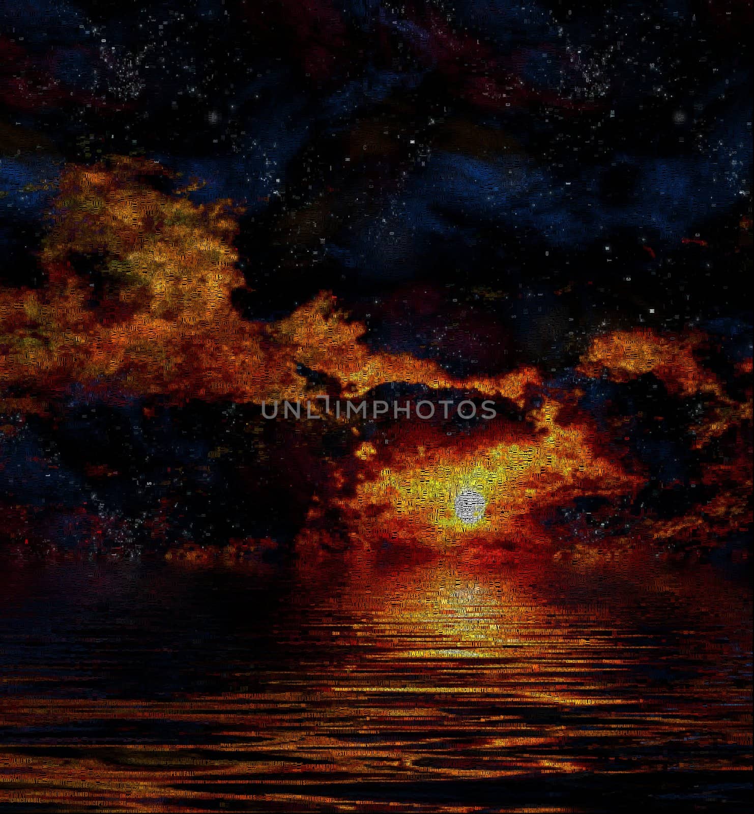 Red sunset above water. Image composed entirely of words