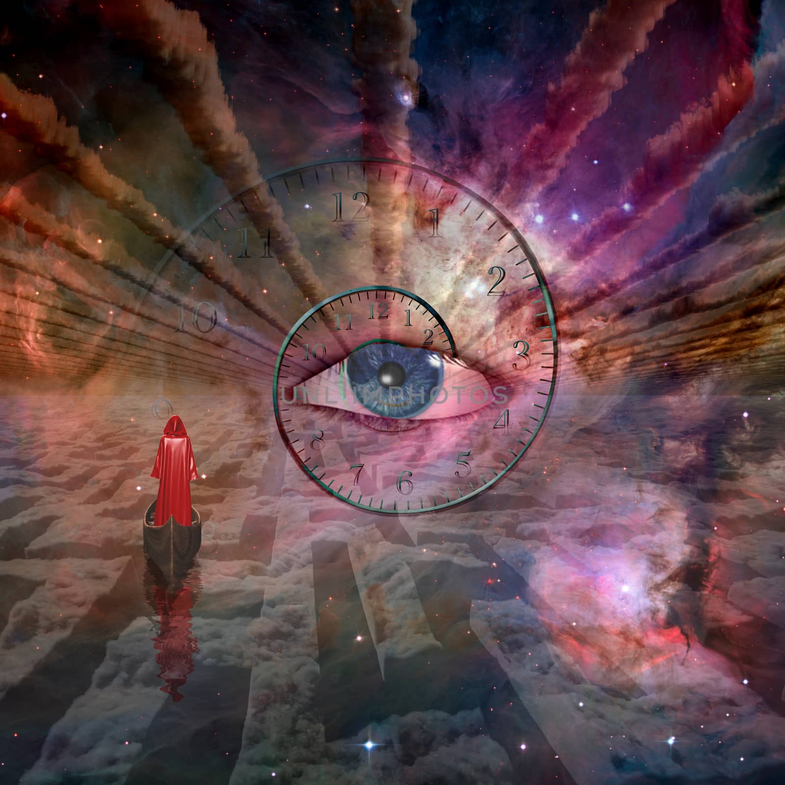 Figure in red robe floating to God's eye above the cloud maze