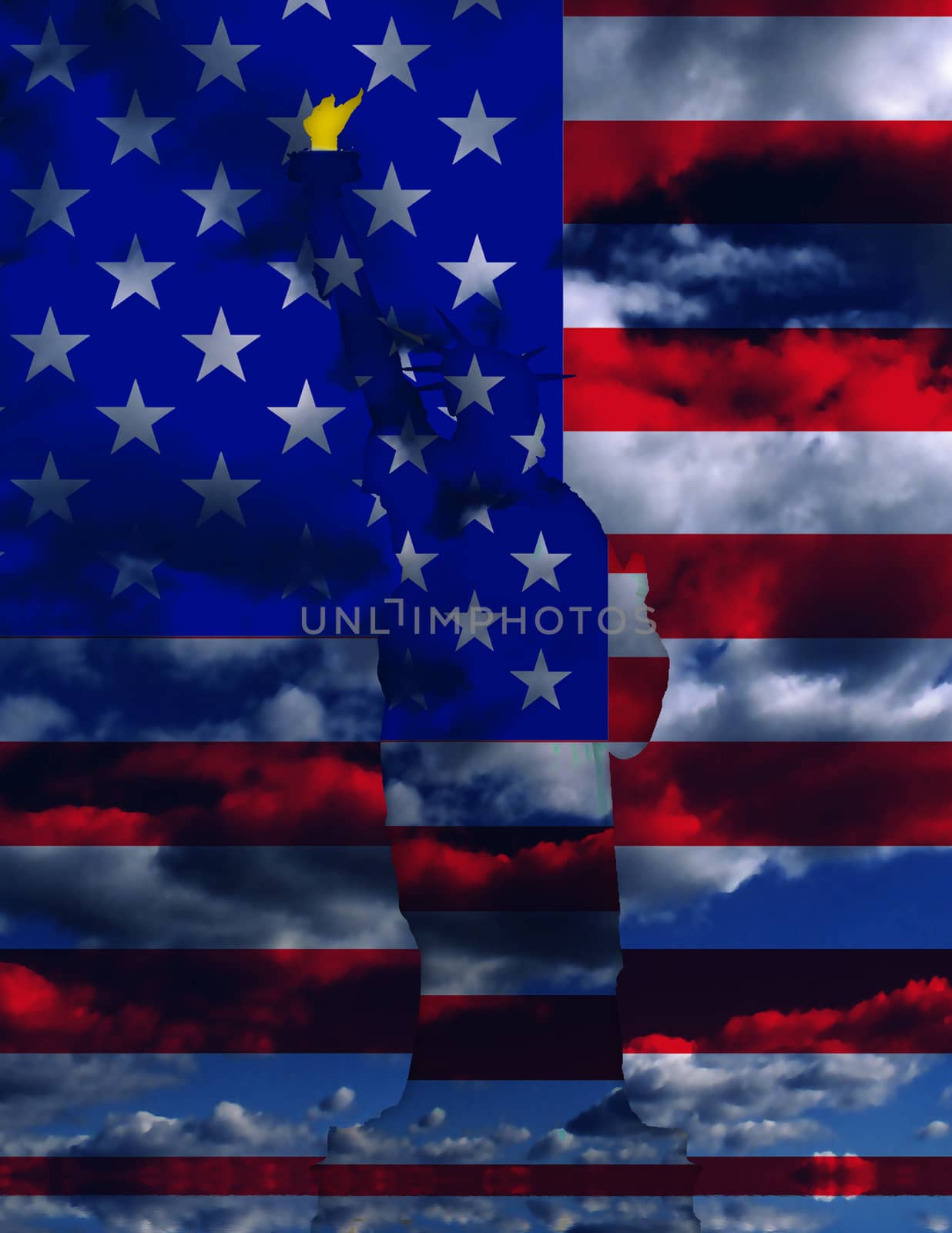 Surreal digital art. USA Flag over clouds. 3D rendering
