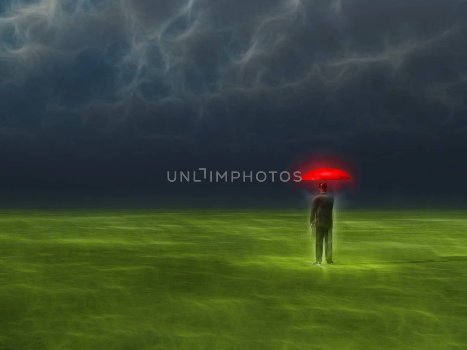 Man with red umbrella under gathering storm