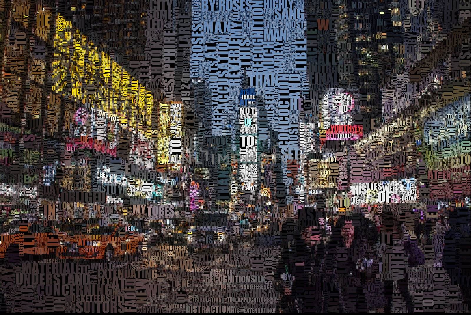 Time square at night. Image composed entirely of words