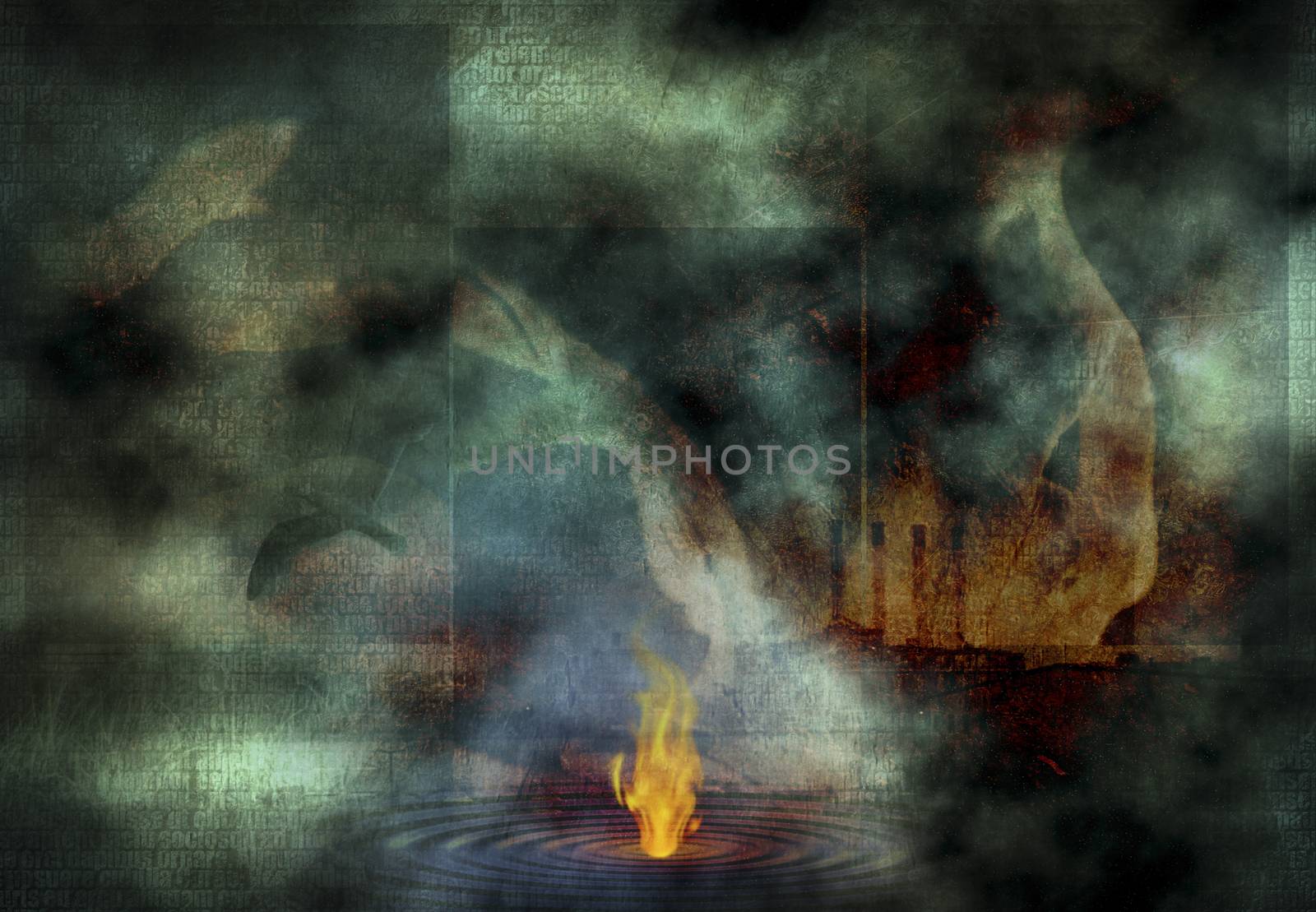 Abstract composition. Fire burn on water surface