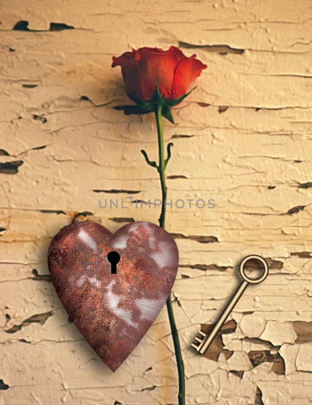 Surrealism. Red rose and rusted heart with keyhole. Golden key.
