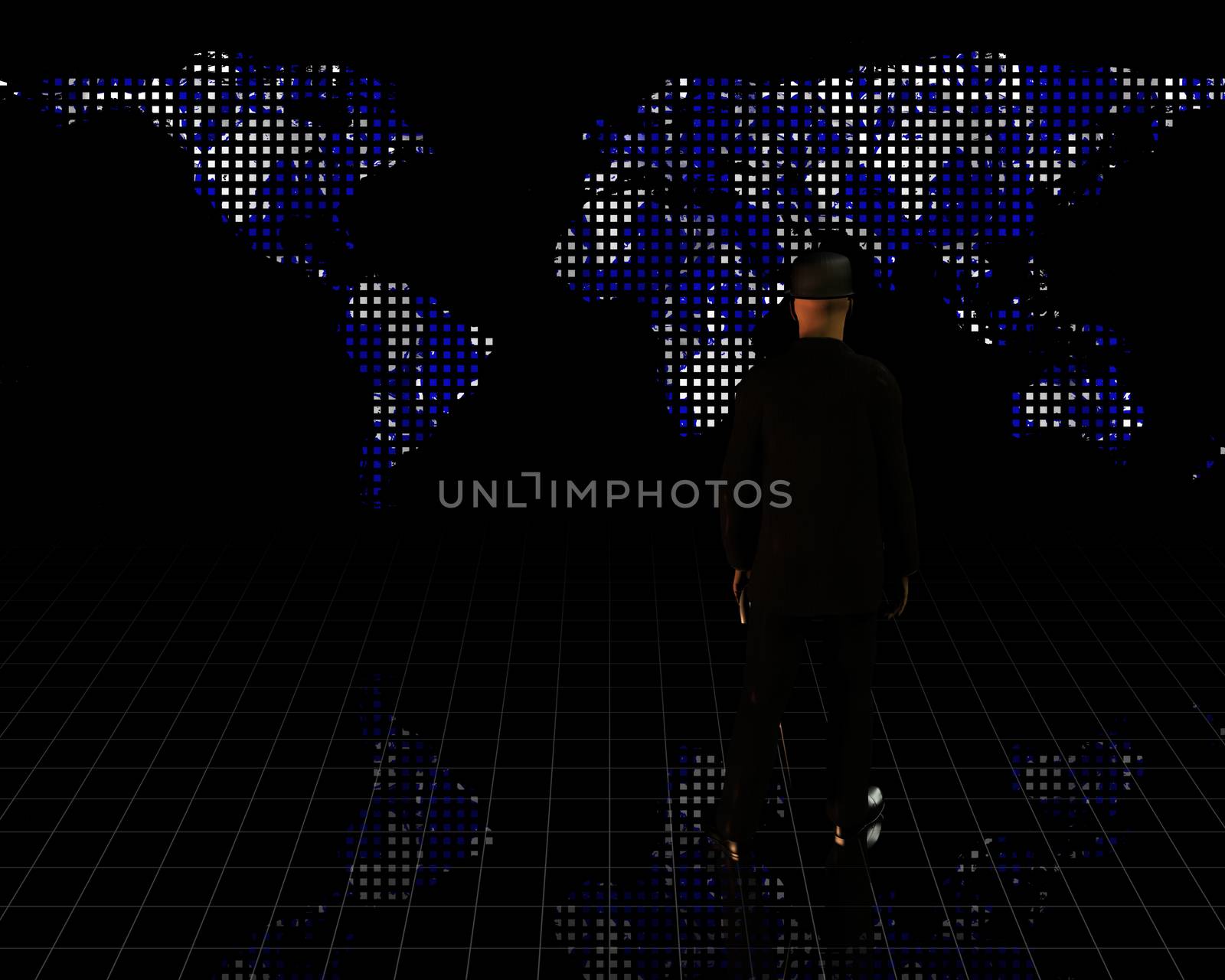 Man in suit stands before world map