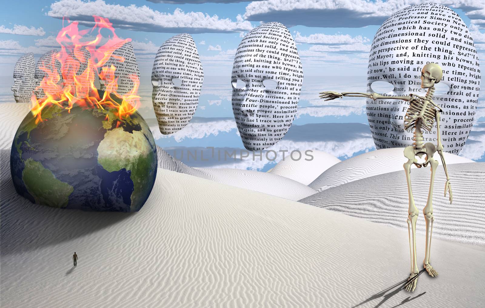 Surreal white desert. Figure of man in a distance. Masks floats in the sky. Burning globe. Skelton.