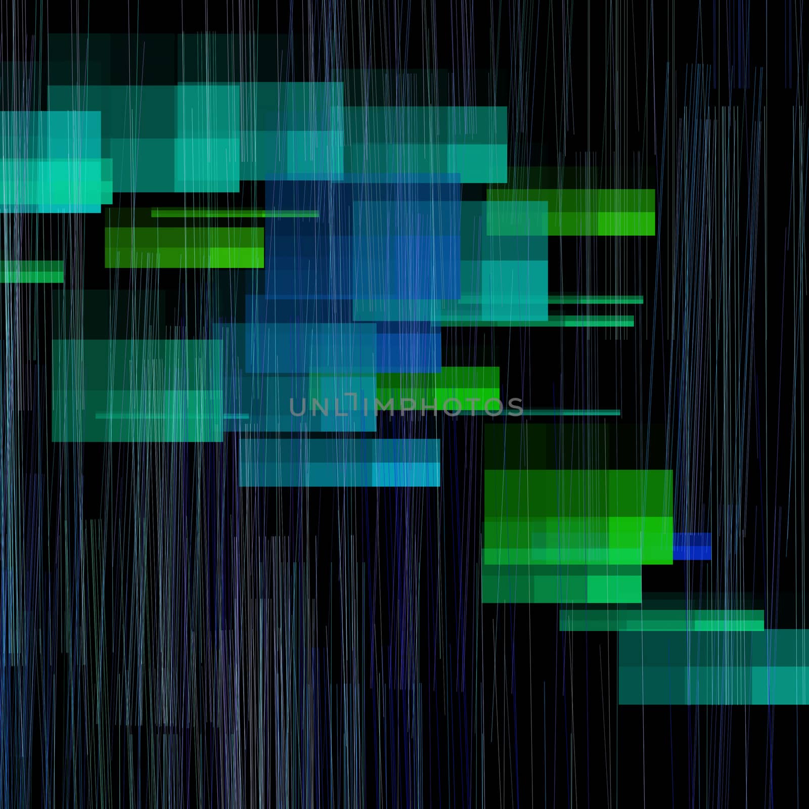 Abstract composition. Green and Blue Blocks, lines at the background. 3D rendering