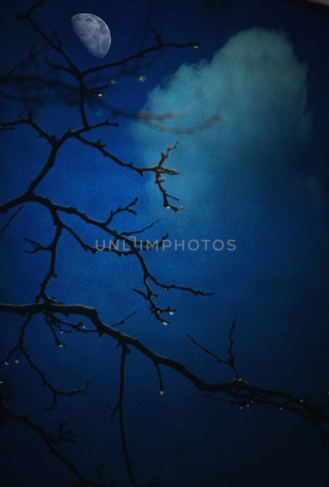 Branch of tree with water drops. Moon.