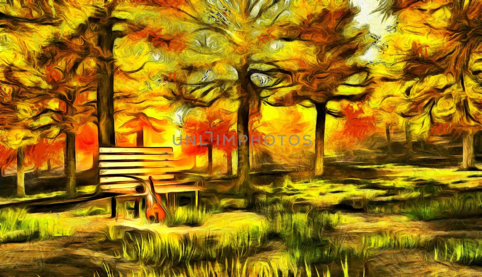 Digital painting in impressionism style. Violin in autumn park.