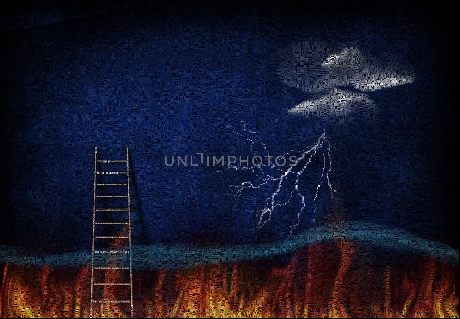 Abstract painting. Ladder leading from fire to sky. Image composed entirely of words