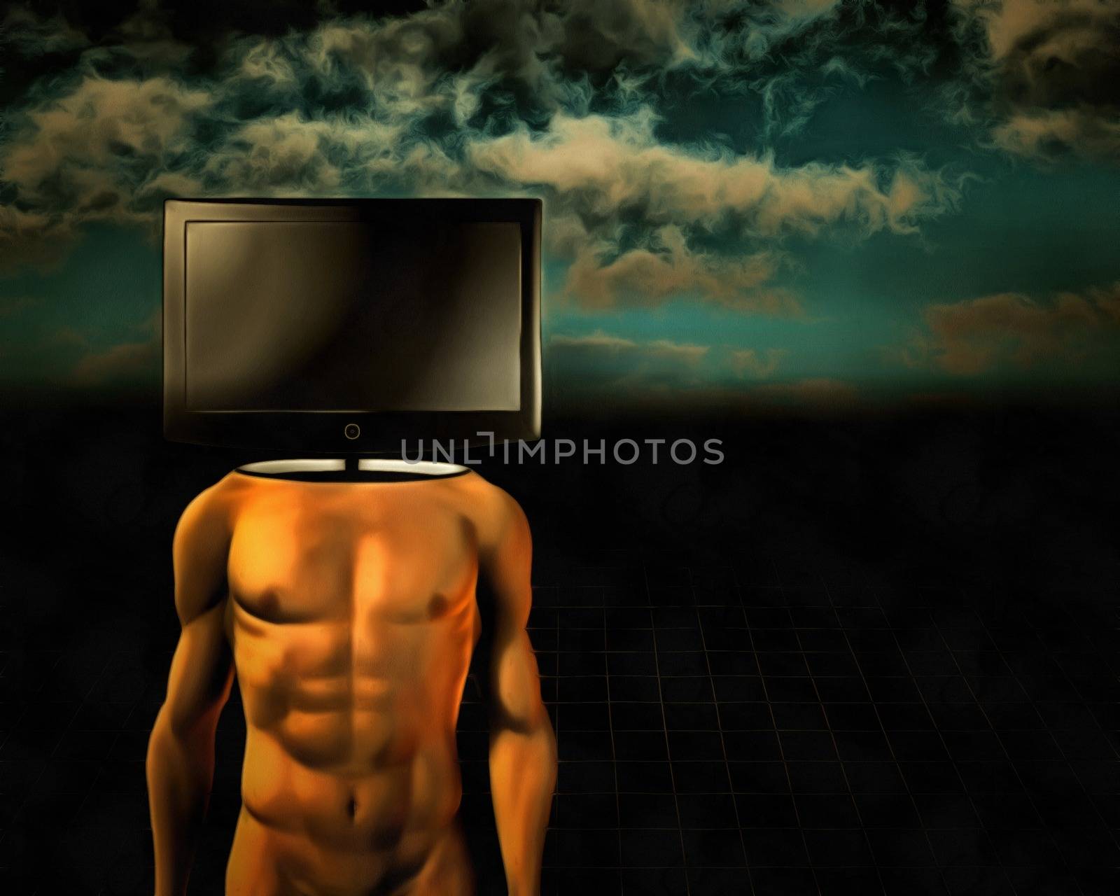 Surrealism. Naked man with TV screen instead of head.