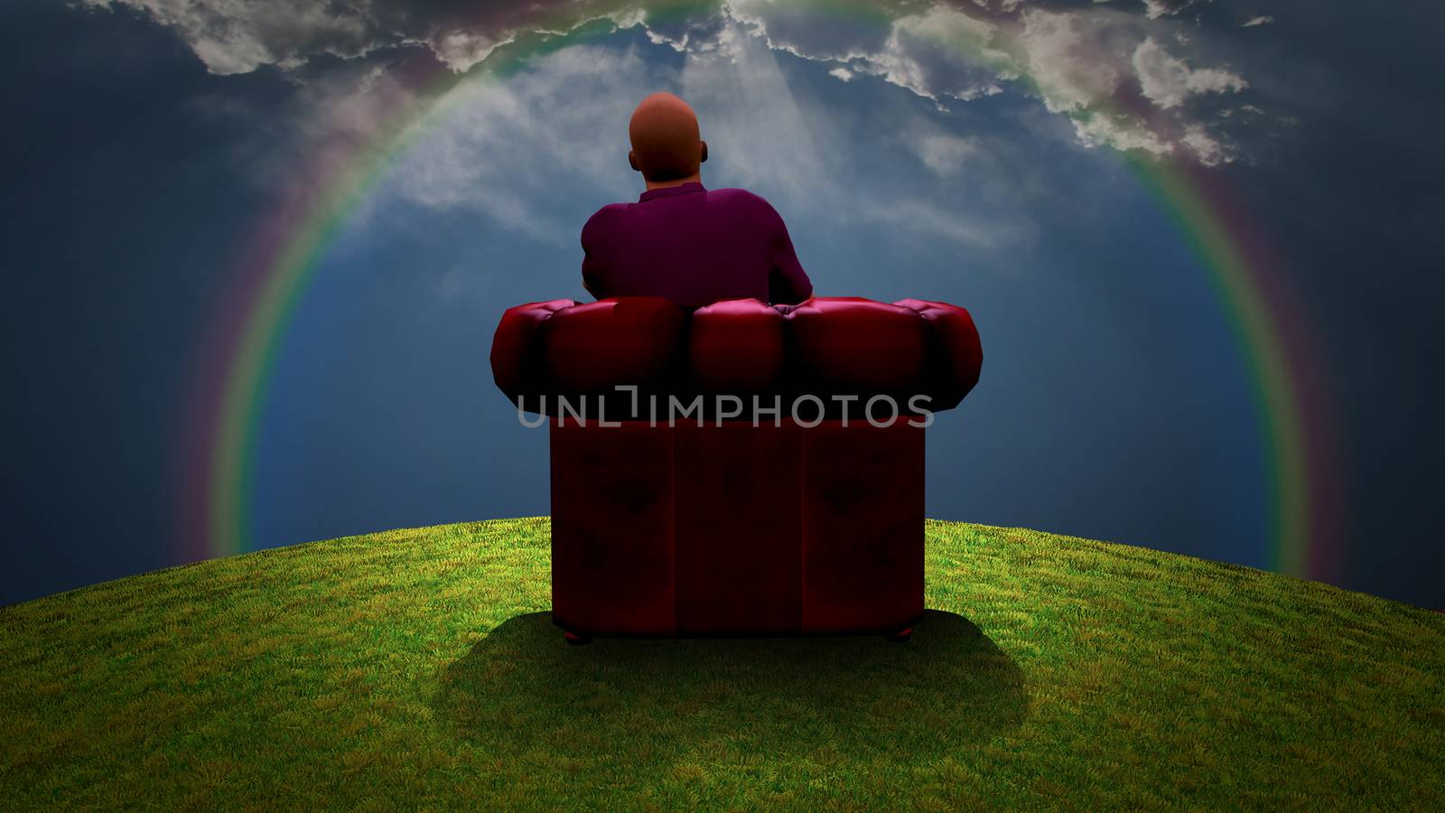 Surreal composition. Man sits in red armchair and observes rainbow in cloudy sky. 3D rendering